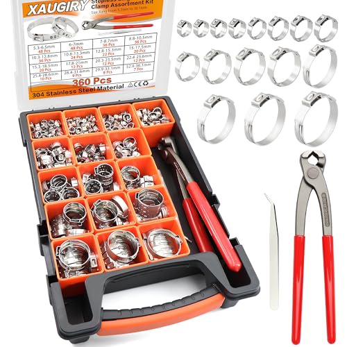 360Pcs 16 Sizes 304 Stainless Steel Stepless Single Ear Hose Clamp Assortment Kit,Adjustable 5.3-36.1mm,with Ear Clamp Pincer Tool,for Fuel Line,Automotive,Industry,Home Pipeline