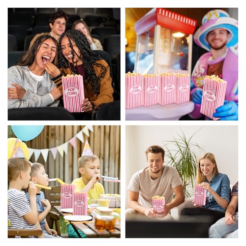 Image of Potchen 200 Pcs Paper Popcorn Bags Bulk 2 oz Large Individual Serving Popcorn Bag Flat Bottom Disposable Container Vintage for Movie Night Themed Summer Back to School Party Carnival (Pink)