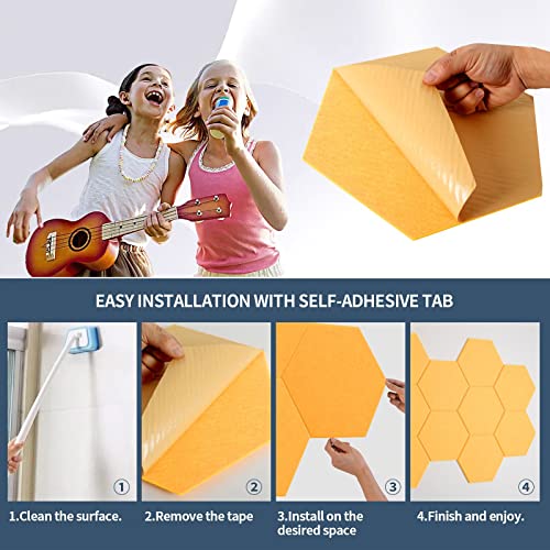 Rdutuok 12 Stück Selbstklebend Akustik Panel,30x26x1cm Hexagon Akustik Absorber Schallschutzplatten Akustikpaneele Wand für Tonstudio, Büro,Studio und Wanddekoration(Orange Gelb)