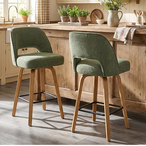 Butacos giratorios para barra, juego de 2, altura de mostrador de 26", color verde musgo | patas curvas de madera doblada, acabado en roble natural, asiento tapizado, respaldo ergonómico, cojín de 4 pulgadas, capacidad de peso de 350 libras miniatura 3