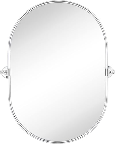 Miniatura 2 de TEHOME Espejo de baño ovalado cromado con forma de pastilla, espejo inclinable para tocador de baño, espejo ajustable con marco de metal, total