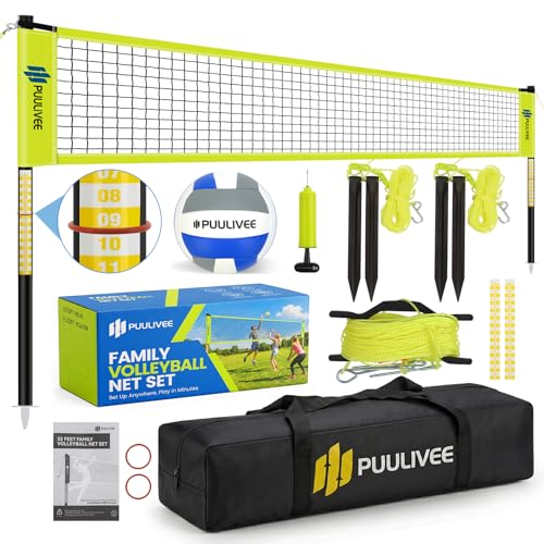 Outdoor Volleyball Net Set for Backyard, Beach, Grass, All-Weather & Easy Setup, with 4 Height Adjustable Poles, Anti-Sag Net, PU Volleyball, Portable Carry Bag, Premium Present Box (Yellow, 32FT)
