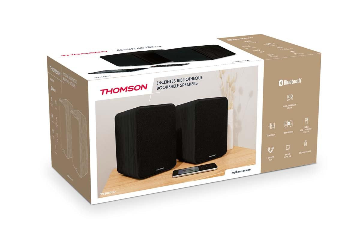 Set De 2 Enceintes Bibliothèque THOMSON WS902DUO 150W - Bluetooth 5.3, Entrées Optique, RCA, USB - Pour TV, Musique, Films