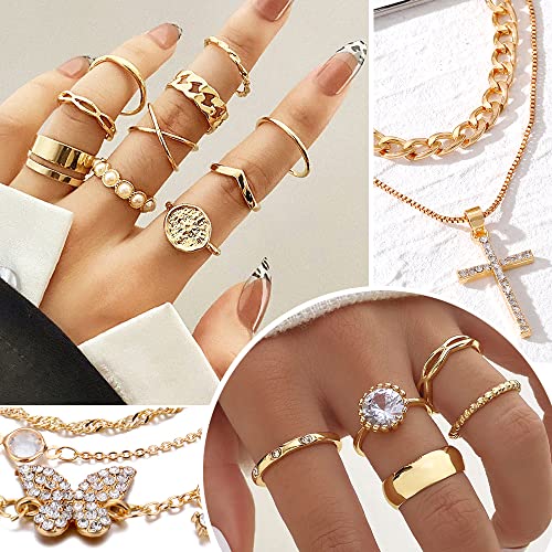 KISS WIFE Gold Jewelry Set for Women Girls, Multi Layered Necklace Bracelet Stackable Knuckle Rings and Earrings Set, Boho Trendy Vacation Jewelry Packs, Anniversary Valentine Birthday Gifts for Her (Gold-2)