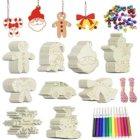 Wooden Christmas Ornaments, 176 PCS Unfinished Predrilled Wood Ornaments Set with 72 Blank Wood Slices in 9 Styles, 90 Bells and 12 Color Pens for Kids DIY Crafts and Christmas Hanging Decoration, A Cover