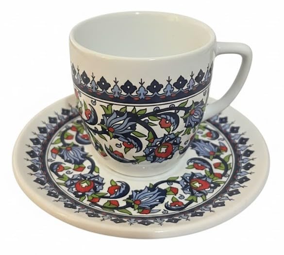 Türk Kahvesi Fincanı ve Tabak Seti,Seramik Çift Parça Kahve Takımı,El İşi İznik Desenli,Geleneksel Çini Motifli Dekoratif Sunum Fincanı,Misafir Sunumları ve Hediye Seçenekleri İçin Özel Tasarım