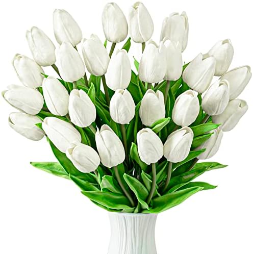 JIFTOK 30pcs White Tulips Artificial Flowers Fake Flowers for Decoration, Faux Flowers Tulips Real Touch Arrangement Bouquet for Wedding Home Office Party, Faux Flowers Bulk Gift Idea for Mothers Day