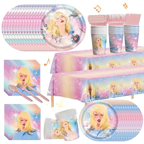 171pcs Birthday Party Supplies Paper Plates Napkins Disposable Tableware Set Paper Cups Tablecloths and Banner for Girls Fans Birthday Party Decorations Serves 24 Guests