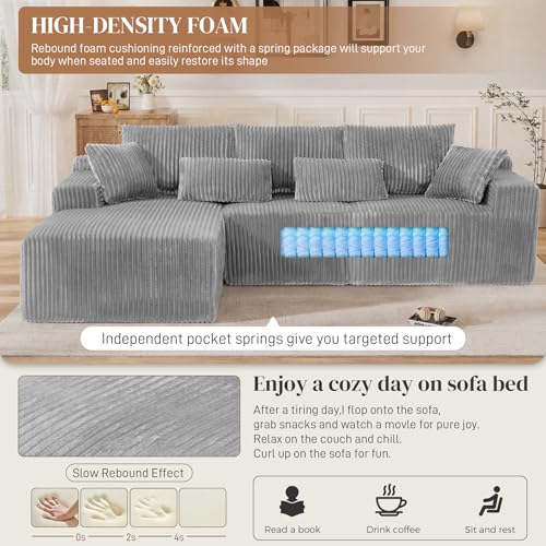 Image of 110 inch L Shaped Cloud Boneless Sectional Couches for Living Room, Modern Comfy Modular Deep Seat Memory Foam Compressed Corduroy Sofa Oversized Left Facing Chaise, No Assembly Required, Grey