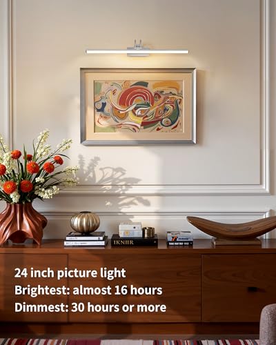 Image of KDG LED Cordless Wall Picture Light with Remote, 7000mAh Rechargeable Dimmable Art Lighting, Adjustable Swing Arm, Picture Frame Light for Gallery, Living Room, Hallway, 24 inch, Silver