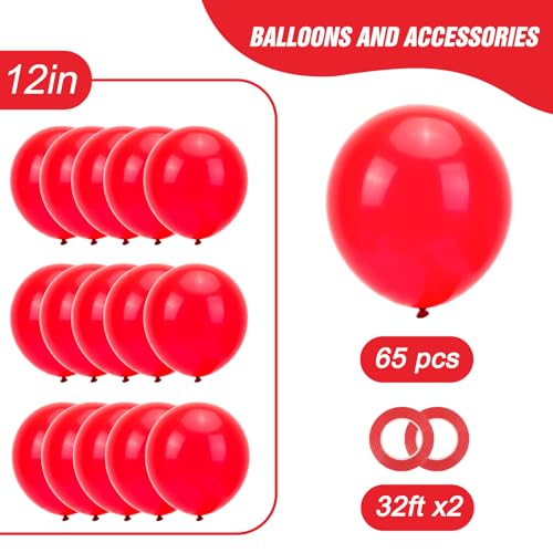 Image of RUBFAC Red Balloons 65pcs, 12 Inch Party Balloon with Ribbons for Valentine's Day, Birthday, Wedding, Baby Shower Decorations