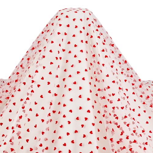 MAYJOYDIY 2 Yards63inch Red Flocking Heart White Lace Mesh Fabric Lightweight Tulle Lovely Velvet Heart Lace Trim Fabric for DIY Wedding Tutu Valentine Decor Craft Accessories