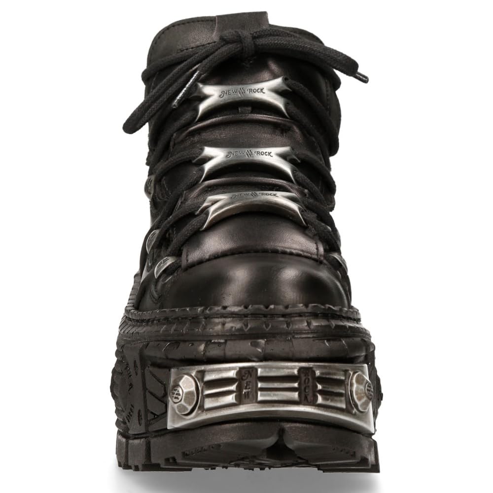 New Rock Stivali Unisex Suola TANK con lacci Colore Nero Pelle/Unisex Black Boots Leather Shoelaces M.WALL106-S10