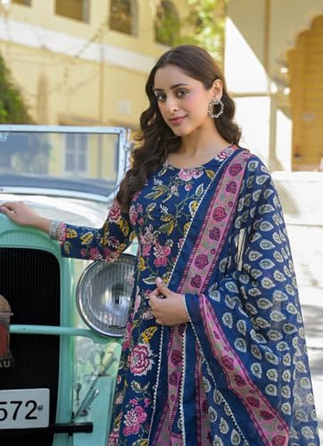 Image of FUNKY RICH Women's Cotton Straight Kurta Pant with V Neck Floral Printed Pattern 3 /4th Sleeves Calf Length Regular Fit and Dupatta Set | Womans Cotton Kurta Pant Set