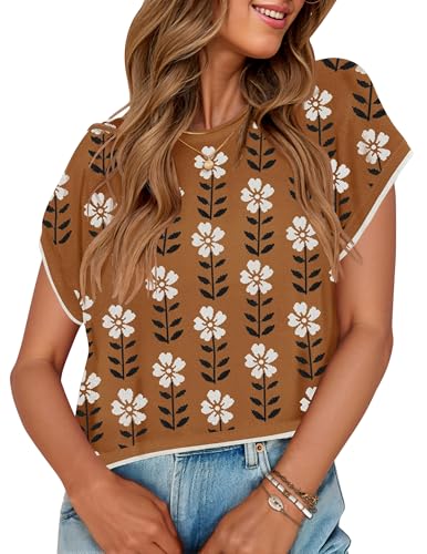 Image of ZESICA Women's Summer Trendy Knit Top 2026 Floral Print Short Sleeve Crewneck Loose Fit Sweater Vest Going Out Clothes