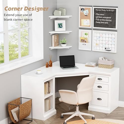 Image of UHUD CRAFTS Corner Floating Shelves for Wall Decor Set of 3, Wall Mounted Rounded Corner Book Shelves for Kids Bedroom & Books, Decorative Storage Shelf for Bathroom & Living Room Decor - White