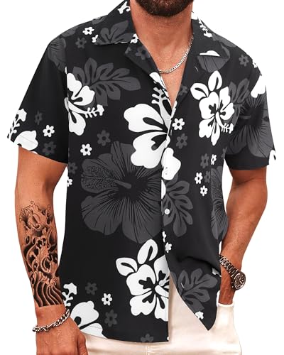 APTRO Men's Hawaiian Shirt Short Sleeve Tropical Vacation Button Down Beach Floral Palm Shirts #063 XL Hibiscus Black
