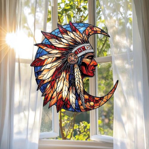 Native American Acrylic Suncatcher Indoor Colorful Window Hanging Ornament Outdoor Sun Catcher Panel for Home Decor Car Garden Crystal Gift Native American Faux Stained Glass Suncatcher