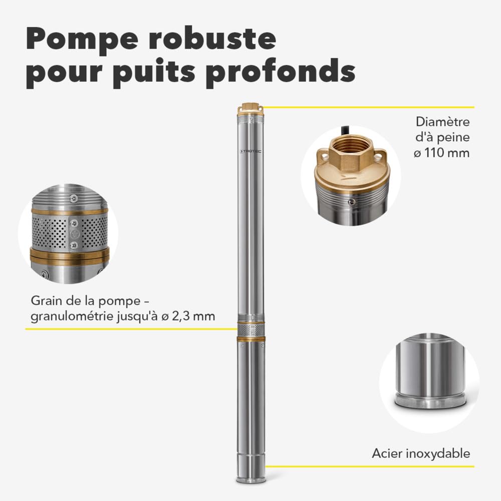 TROTEC Pompe de puits profonde TDP 7501 E - Pompe à eau avec débit 6000 l/h, 1100 W - Hauteur de refoulement 90 m, ø 8,6 cm, IP68 pour pompe, pompe en acier inoxydable
