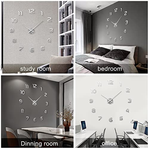 Image of Large DIY Wall Clock, 3D Mirror Number Stickers Large Wall Clock Kit Mute Frameless Modern Design for Home Living Room Bedroom Office Decoration-Silver