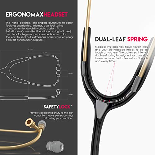 Image of MDF Instruments, Acoustica Lightweight Stethoscope for Doctors, Nurses, Students, Home Health Use, Adult, Dual Head, Black Tube, Gold Chestpiece-Headset, MDF747XPK11