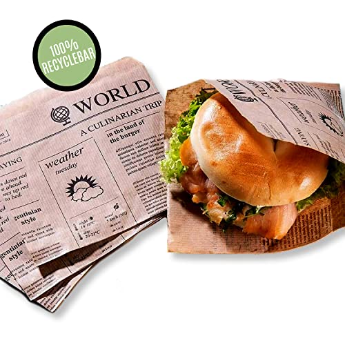 Snacktaschen | Burger Papier | Kraftpapier | Fettdicht | 50 Stück | 16x16cm | 100% Recyclebar | Umweltfreundlich | Biologisch abbaubar | Döner | Tüte | Snack | Zeitung