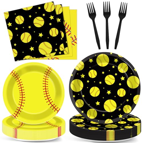 Image of 96Pcs Softball Birthday Party Decorations Paper Plates and Napkins Sets Sports Theme Dessert Disposable Tableware Black Yellow Softball Plates Supplies Team Sport Party Gifts Favors for 24 Guests