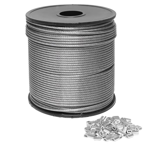 Storystore 2mm Wire Rope 100m 304 Stainless Steel Wire Cable Rope Heavy Duty 7x7 Cross Section 275kg Breaking Load stainless steel cable with 100 Pcs Aluminum Crimping Loop Sleeve