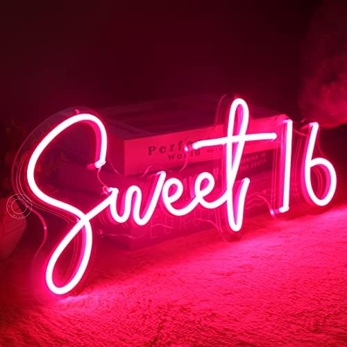 SYLHOME Pink Sweet 16 LED Neon Light Sign 17"X7.3" 5V Sweet Girls Adults Bedroom Happy Birthday Party Wall Decor Beautiful Bestie Sister Gift USB
