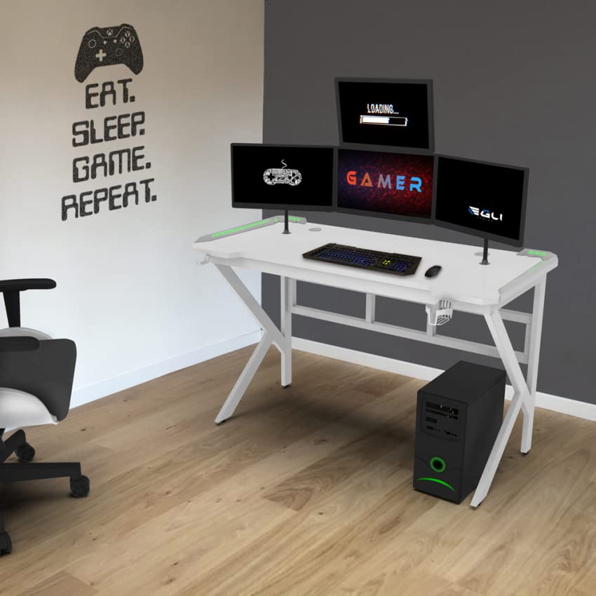 Produce Shop Mesa Gamer LED de Carbono con Soporte para Auriculares y Bebidas 120x60 Sportbot LED 120 - Blanco