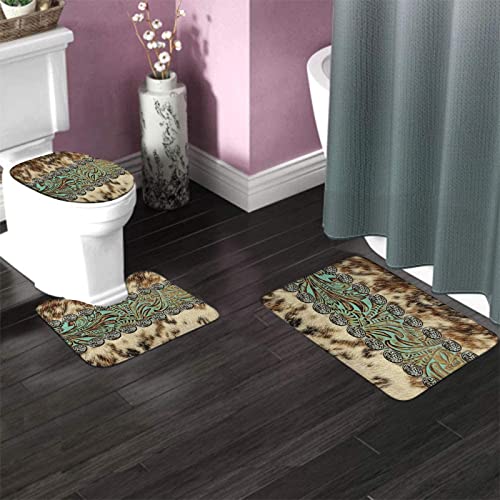 Badezimmerteppich-Set aus 3-teiligem, rustikalem, braungrünem Leder im Western Country-Stil, waschbarer Badvorleger, rutschfest, mit Rückenpolster, Konturteppich und Toilettendeckelbezug – Bild 4