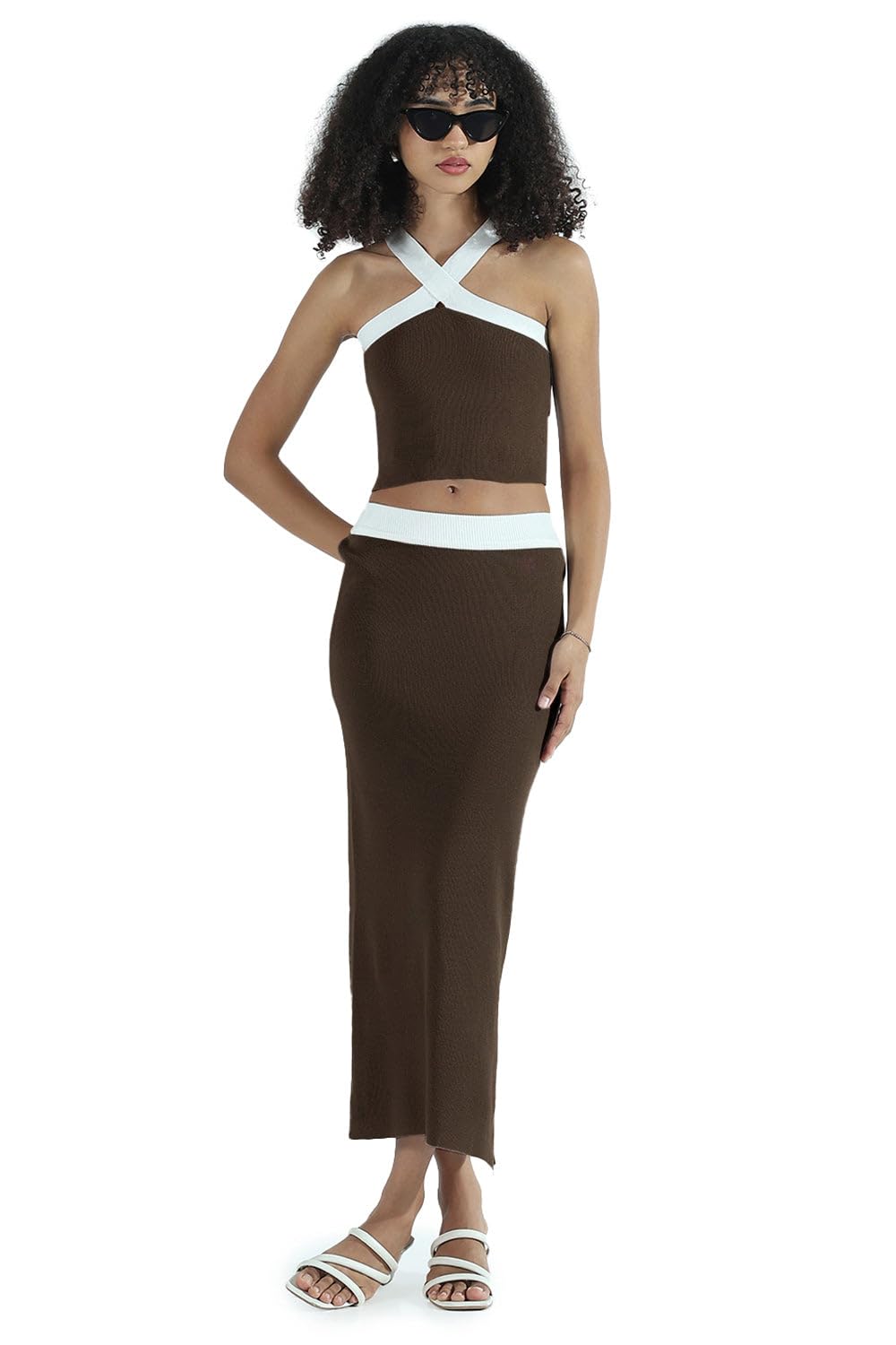 Edition Women's Ribbed Brown Halter Neck Top with Maxi Skirt Co-ords Set-CHN-5314_Brown-P