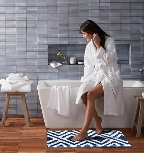 Image of GAVI Home Decor Super Absorbent Anti Skid Door mats for Home, Anti Skid Bath mat for Bathroom, Anti Slip Bath mat, Non Slip Bath mat for Bathroom, Bedroom, Kitchen, (40 X 60 CM Blue, White)