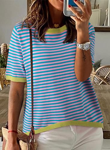 Image of Dokotoo Womens Tops 2026 Casual Summer Crewneck Short Sleeve Striped Color Block Knit High Low Trendy Pullover Sweaters