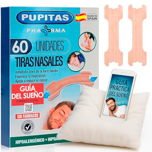 Tiras Nasales Antirronquidos (60 Unidades) con Guía dar dormir mejor, Hipoalergénicas y Flexibles, Alivia la Congestión Nasal, Para Dormir Mejor y Hacer Deporte, Reduce los Ronquidos, tamaño 56x18mm