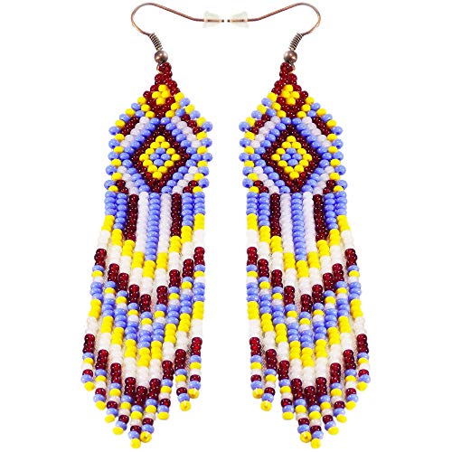 Handmade Multi Color Fringe Earrings Native Tassel Jewelry Beaded Design Dangle Drop Geometric Chandelier Hippie Style Women