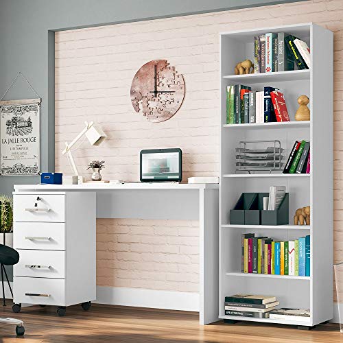 Conjunto Escritório Mesa com Gaveteiro Gávea e Estante Office Branco - Móveis Leão