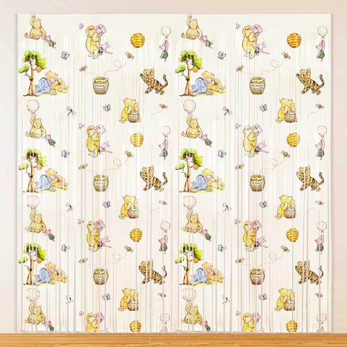 2 Pack Classic Winnie Bear Baby Shower Birthday Decorations 6.5 X 6.5 ft Neutral Foil Fringe Curtains Photo Backdrop for Gender Reveal 1st Birthday Decorations