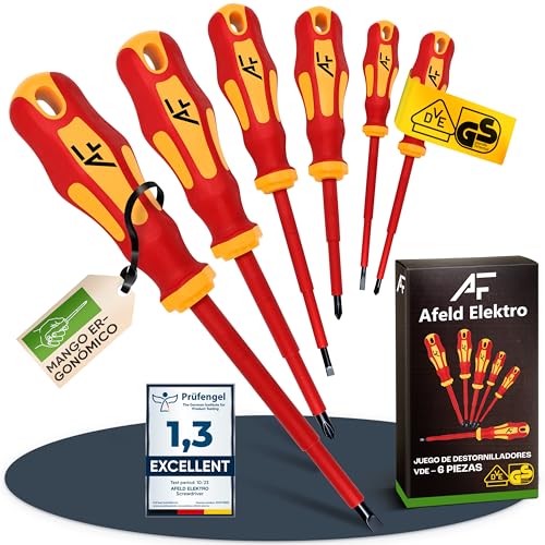 Afeld Elektro Juego de Destornilladores Electricista VDE Aislados 1000V – 6 Piezas Magnéticas – 3 Planos + 3 Cruzados – Acero S2 Profesional – Herramientas Aisladas para Trabajos Eléctricos