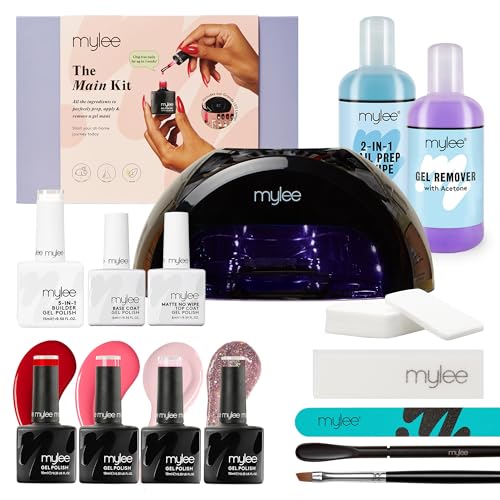 Mylee Kit Principal: Juego Profesional de Esmalte de Uñas Que Incluye Lámpara LED Grande, Capa Superior y Base, 4 Colores de Esmalte, Gel Constructor 5 en 1, Preparación y Limpieza