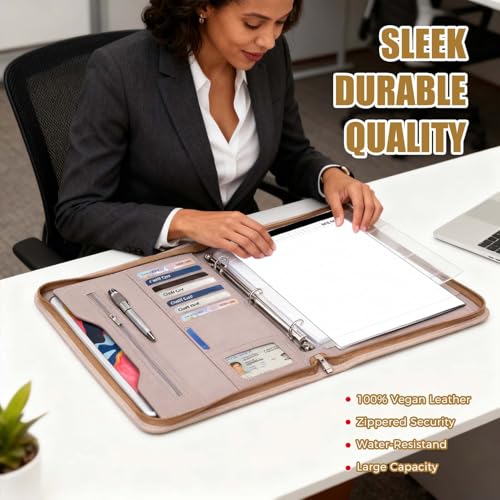 Porte-documents à fermeture éclair A4 marron organiseur avec pochette de rangement - 5
