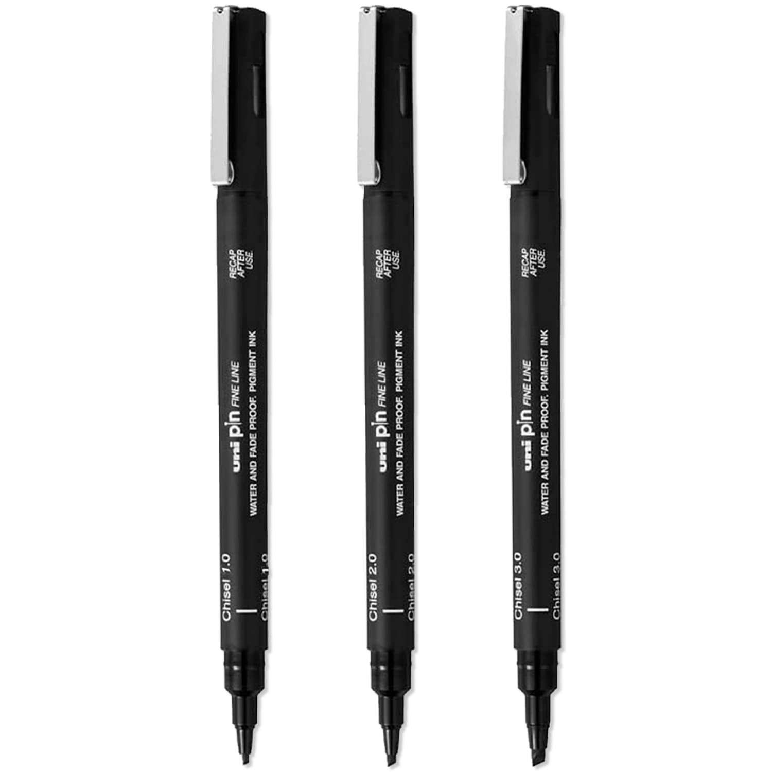 Uni Pin Fineliner Drawing Pens - Chisel Nibs - Black Ink - 1.0mm 2.0mm 3.0mm - Assorted Pack of 3