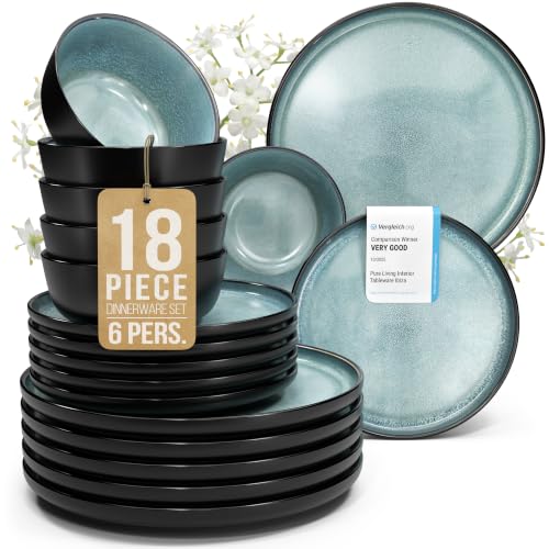 Image of 18 Piece Stoneware Dinnerware Set for 6, Handmade Plates and Bowls Set | Reactive Glaze Coating, Dishwasher & Microwave Safe Dish Set, Chip & Scratch Resistant Dishware Set, Ibiza Petrol Blue