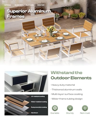 Image of Outdoor Dining Set for 8, Patio Table and Chairs Set with Umbrella Hole, 10 Pieces HDPS + Aluminum Outdoor Furniture Sets for Patio, Garden (White & Teak)