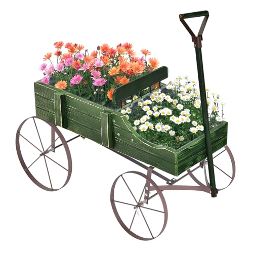 CHEFJOY Wooden Wagon Planter, Decorative Garden Wheelbarrow Planter with 2 Planting Sections, Rolling Wheels, Adjustable Handle, Small Wagon Cart Planter Stand for Flowers Vegetables Herbs (Green)