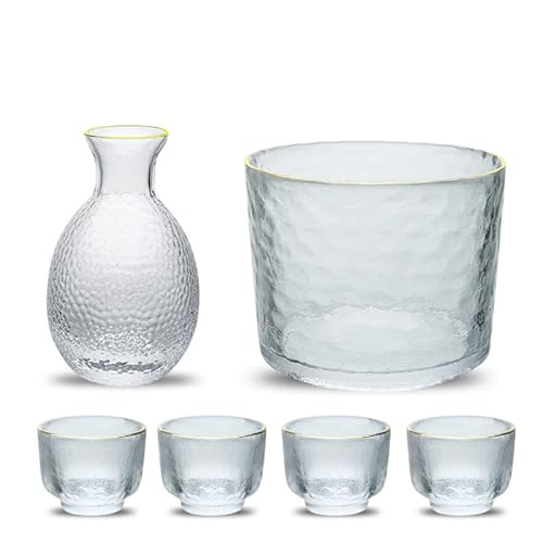 Glass Sake Set of 6 Pieces,300Ml Sake Bottle and 4 Sake Cups 1 Sake Tank,Cold/Warm/Hot Sake Carafe Home Decor Crafts