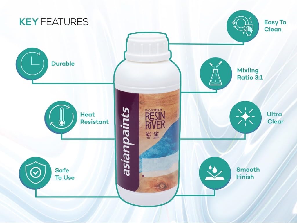 Asian Paints Woodtech Epoxy Resin Crystal Clear Resin-and-Hardener with Self-Levelling Heat Resistance Easy to Use 1.2Kg Liquid Art Kit for River Table Jewellery Smooth Finish Crafting Projects (1Pc) 2