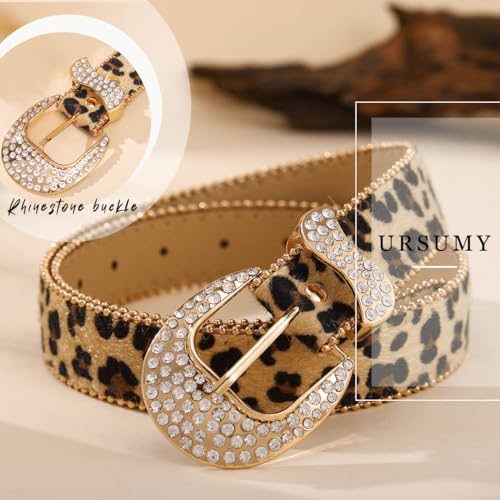 Ursumy Women Leather Leopard Print Belt - Rhinestone Adjustable Vintage Fashion Cowboy Belt for Jeans Dress3
