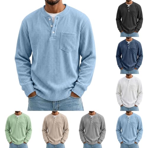 Mens Corduroy Shirt Henley Long Sleeve Button Down Pullover Shirts Pocket - image 1
