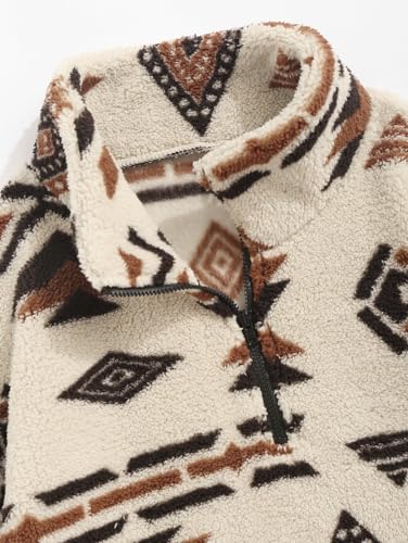 Image of ZAFUL Men 1 /4 Zipper Ethnic Aztec Fleece Unisex Winter Sweatshirt Tops 2026 | Funnel Neck Fluffy Polar Fleece Faux Sherpa Soft Thermal Pullover Kangaroo Pocket Jacket Hoodie Tops